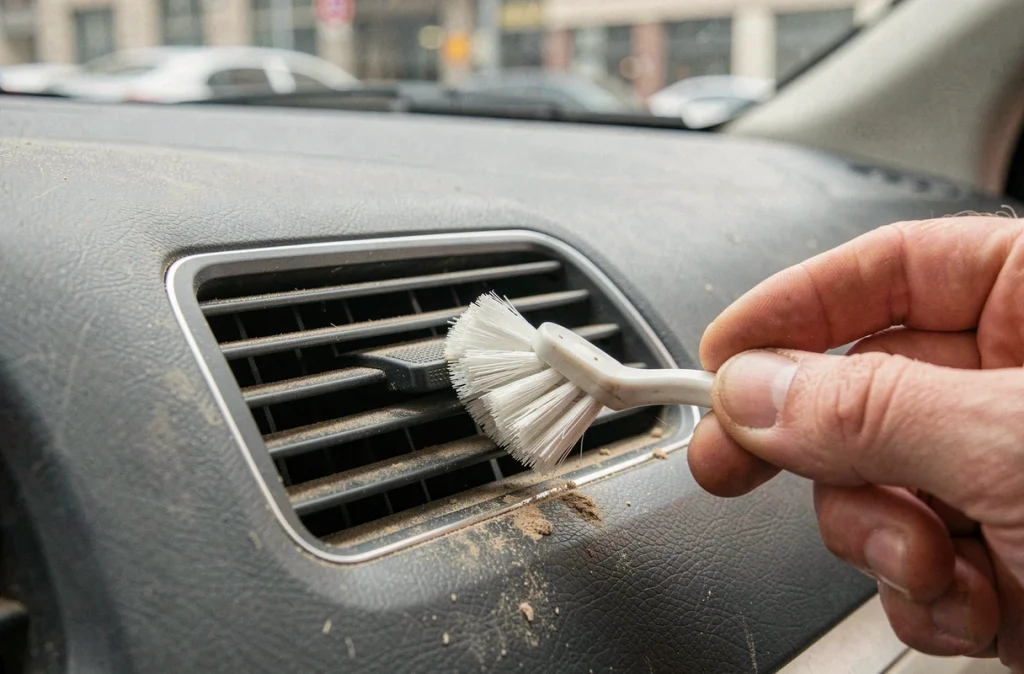 Nettoyage des grilles de ventilation de climatisation d'un tableau de bord automobile avec une brosse douce