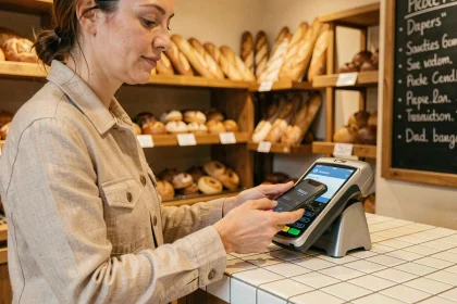 Femme effectuant un paiement sans contact avec son smartphone dans une boulangerie française