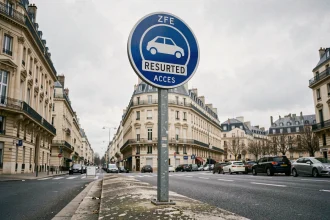 Panneau de signalisation d'une zone à faibles émissions (ZFE) à l'entrée d'une ville française, boulevard urbain en arrière-plan