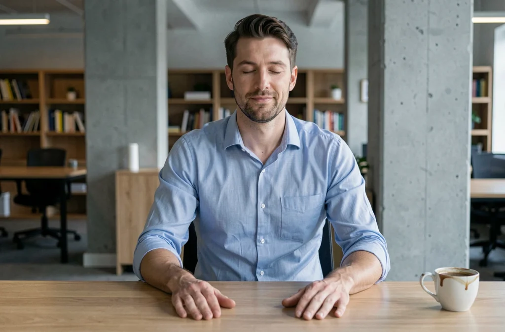 Homme en chemise bleue pratiquant une pause de méditation consciente à son bureau dans un espace de coworking contemporain