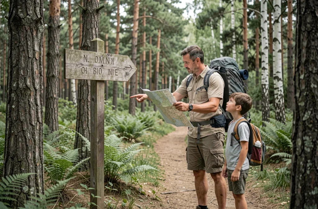 Père et fils consultant une carte de randonnée devant un panneau de sentier en forêt