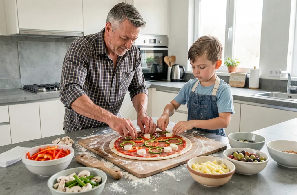 Père et fils en train de garnir une pizza maison avec des légumes frais dans une cuisine moderne
