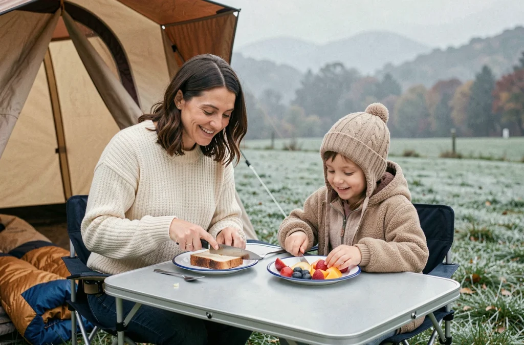 Mère et fille préparant le petit-déjeuner au camping le matin avec des assiettes en émail sur une table pliante