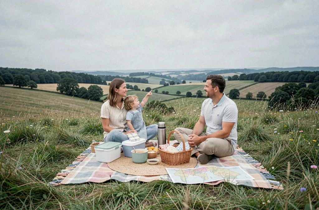 Vue panoramique d'un pique-nique familial en pleine nature sur une colline fleurie avec de jeunes enfants