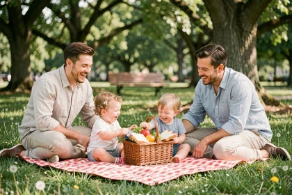 Famille avec deux jeunes enfants profitant d'un pique-nique sur une couverture à carreaux dans un parc verdoyant