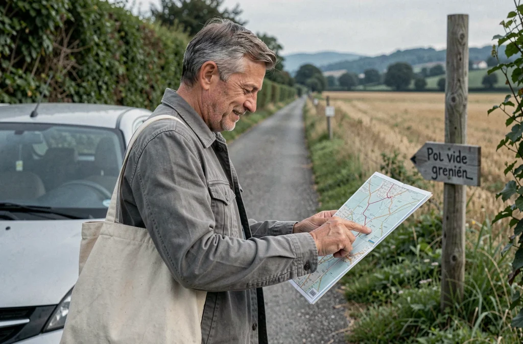 Homme consultant une carte routière papier au bord d'une route de l'Ain pour planifier sa route des vide greniers en 2026