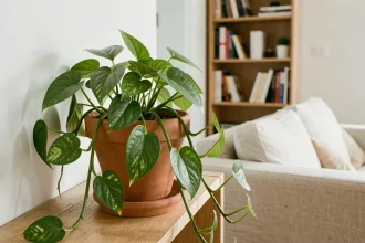 Plante pothos dans un pot en terre cuite sur une étagère en bois dans un salon scandinave moderne, purification naturelle de l'air intérieur