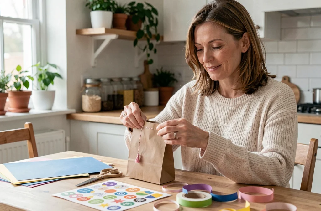 Maman préparant des sachets cadeaux d'anniversaire faits main avec des fournitures créatives sur une table de cuisine