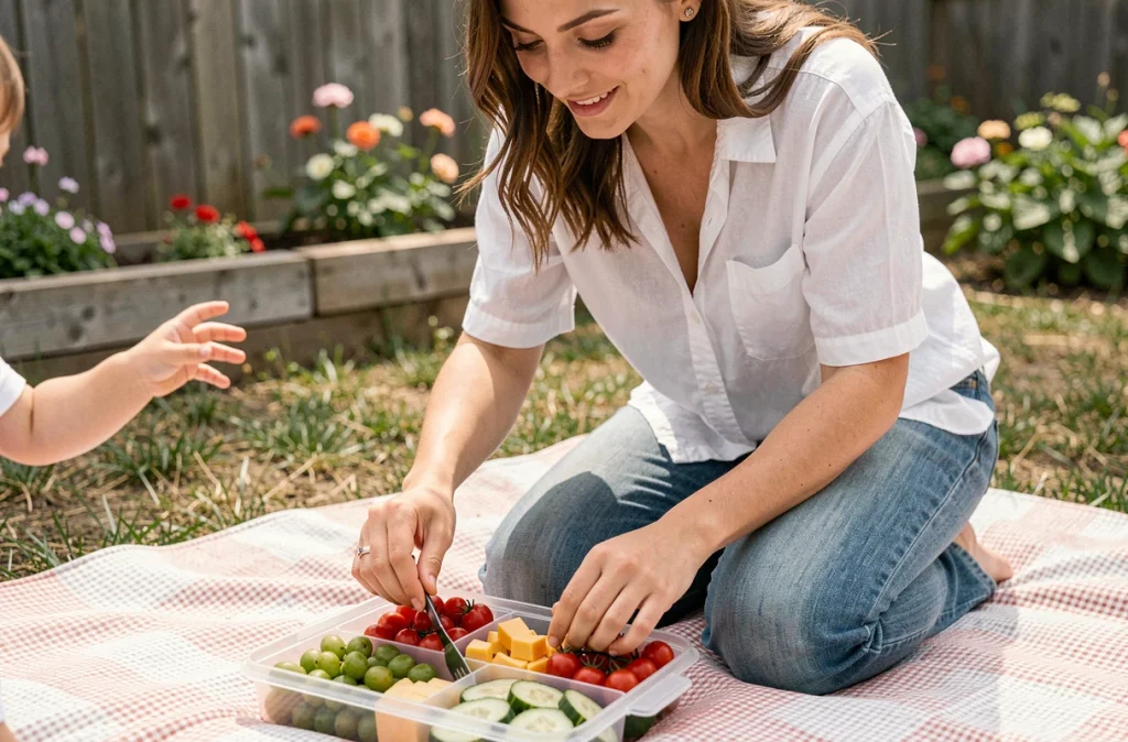 Mère préparant des encas colorés dans une boîte bento lors d'un pique-nique familial dans le jardin