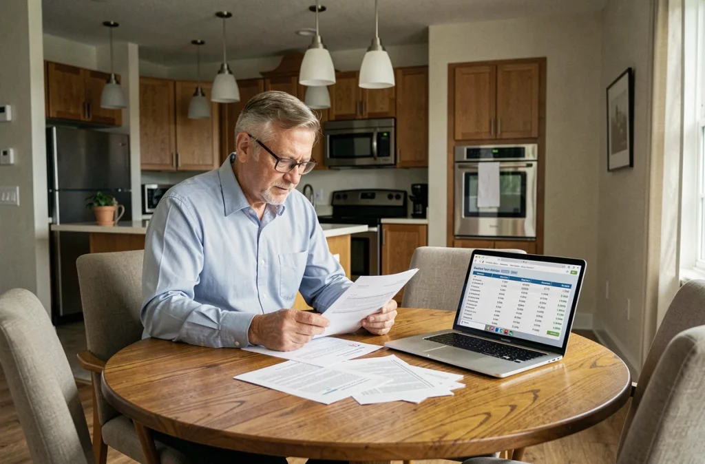 Propriétaire bailleur consultant ses revenus locatifs sur ordinateur portable à la table d'un appartement meublé bien équipé