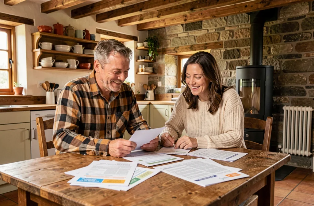 Couple de propriétaires satisfaits consultant les documents de performance énergétique dans leur longère rénovée
