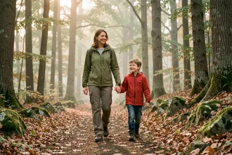 Mère et enfant marchant main dans la main sur un sentier forestier lors d'une randonnée facile en famille
