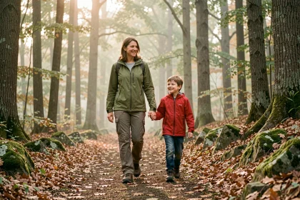 Mère et enfant marchant main dans la main sur un sentier forestier lors d'une randonnée facile en famille