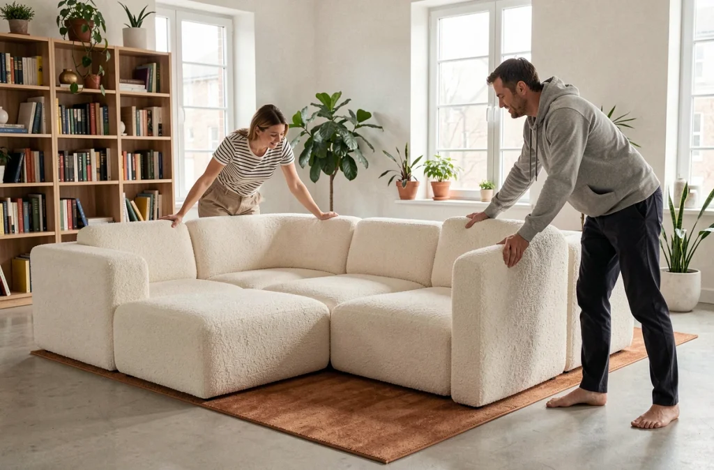 Couple réaménageant un canapé modulable en bouclé blanc dans un salon contemporain chaleureux