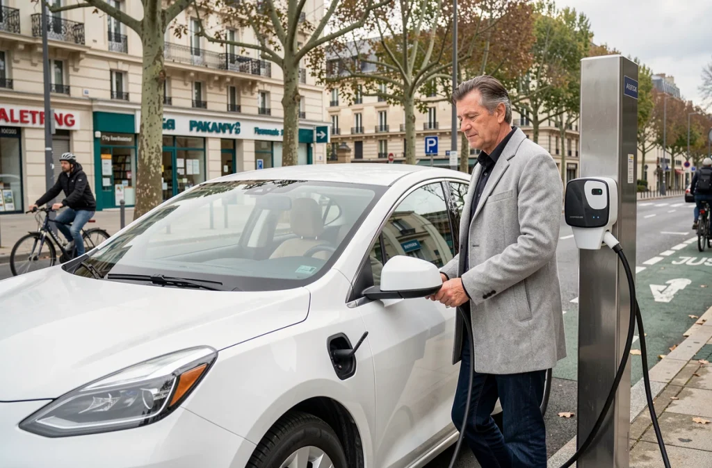 Un homme branchant une voiture électrique à une borne de recharge en ville, solution de mobilité propre dans le cadre des ZFE françaises