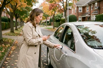 Femme branchant un câble de recharge sur une voiture hybride dans une rue résidentielle en automne