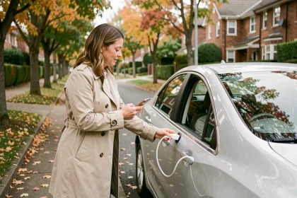 Femme branchant un câble de recharge sur une voiture hybride dans une rue résidentielle en automne