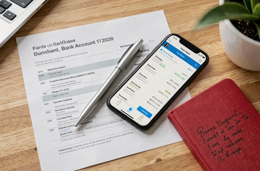 Vue de dessus d'un relevé bancaire, smartphone et notes de budget illustrant la hausse des frais bancaires