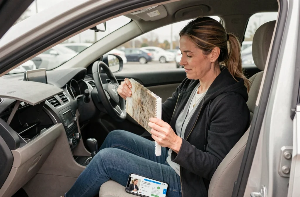 Femme remplaçant le filtre d'habitacle de la climatisation dans l'habitacle d'une voiture moderne