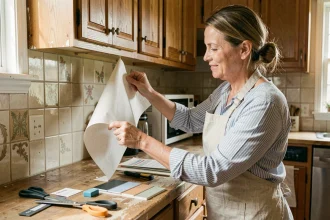 Femme rénovant des placards de cuisine ancienne avec du papier adhésif sans gros travaux