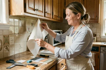 Femme rénovant des placards de cuisine ancienne avec du papier adhésif sans gros travaux
