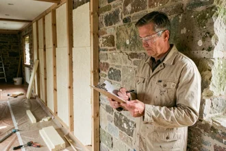 Artisan inspectant l'isolation thermique d'une maison ancienne en pierre lors d'une rénovation énergétique