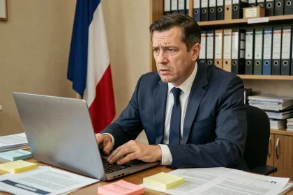 Responsable de communication politique stressé devant son ordinateur dans un bureau officiel français, illustrant une crise de communication virale