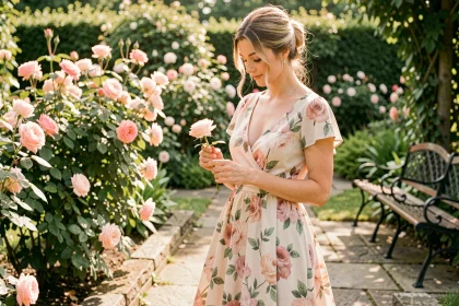 Femme en robe légère à motifs fleuris pastel dans un jardin botanique fleuri au printemps