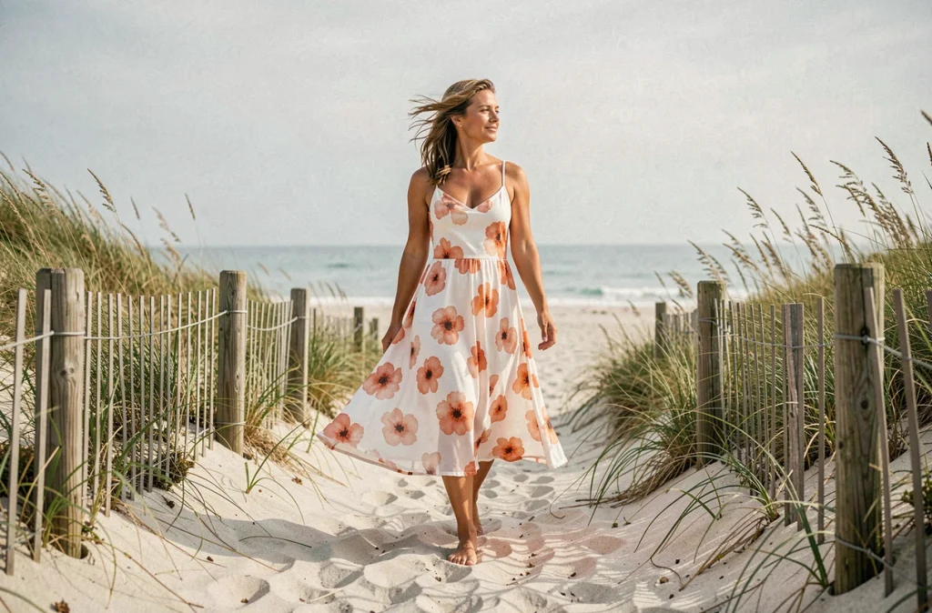 Femme en robe fleurie légère marchant pieds nus sur un chemin de plage en bord de mer au printemps