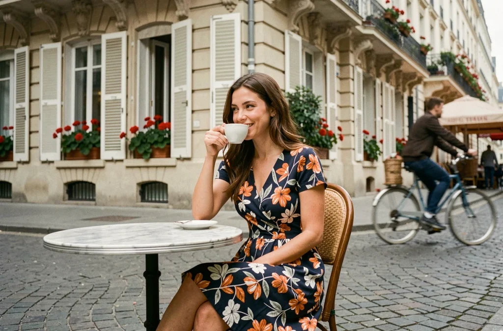 Femme en robe mi-longue fleurie assise en terrasse de café parisien au printemps