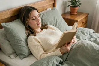 Femme allongée dans son lit lisant un livre avant de dormir, entourée d'une literie en lin vert sauge et d'une table de nuit en bois naturel