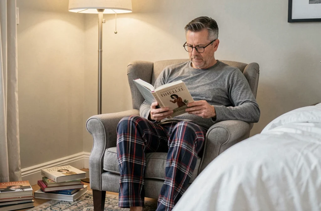 Homme d'âge mûr lisant un livre relié dans un fauteuil au coin de sa chambre, avec une pile de livres posée sur le sol et un tapis à motifs