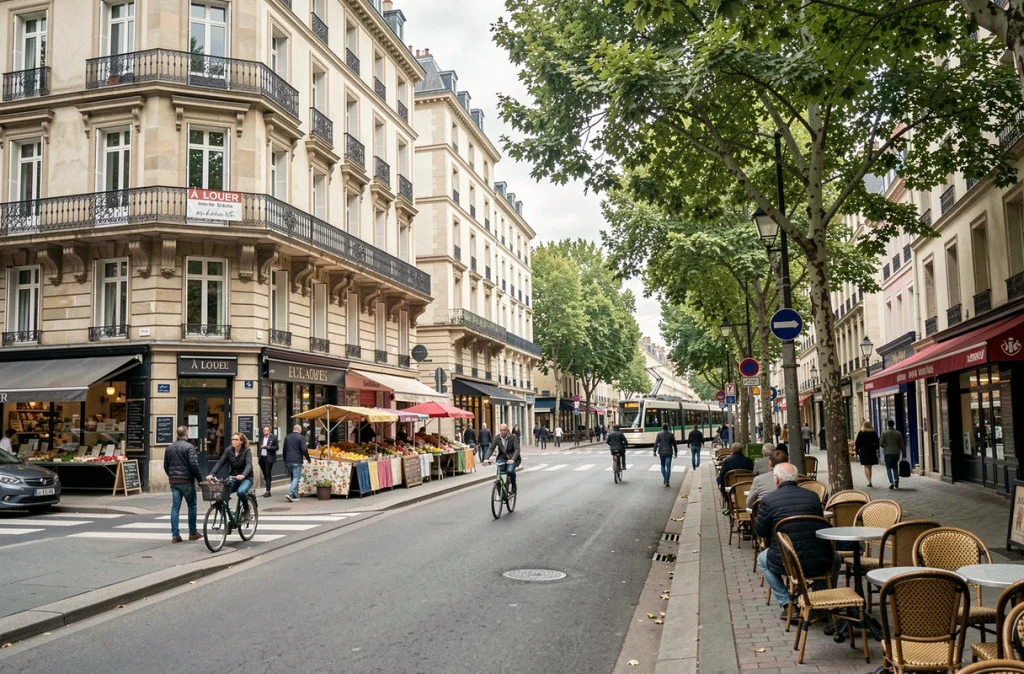 Rue animée d'une ville moyenne française avec un immeuble à louer en centre-ville