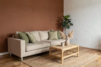 Salon moderne relooké avec un mur terracotta et des coussins vert sauge sur un canapé en lin beige