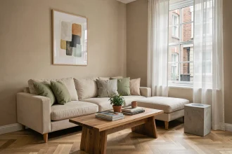 Salon d'appartement mis en valeur par le home staging avec canapé neutre, table basse en bois et décoration minimaliste pour accélérer la vente