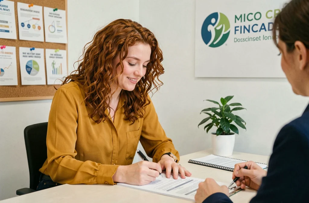 Jeune entrepreneur signant un contrat de microcrédit dans les bureaux d'un organisme de finance solidaire