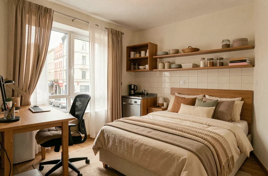 Studio meublé prêt à louer avec lit, bureau et kitchenette, illustrant les atouts de la location meublée pour les propriétaires