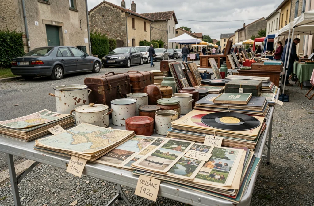 Table de vide grenier couverte d'objets vintage et de brocante dans un village de l'Ain, avec cartes postales anciennes et vinyles