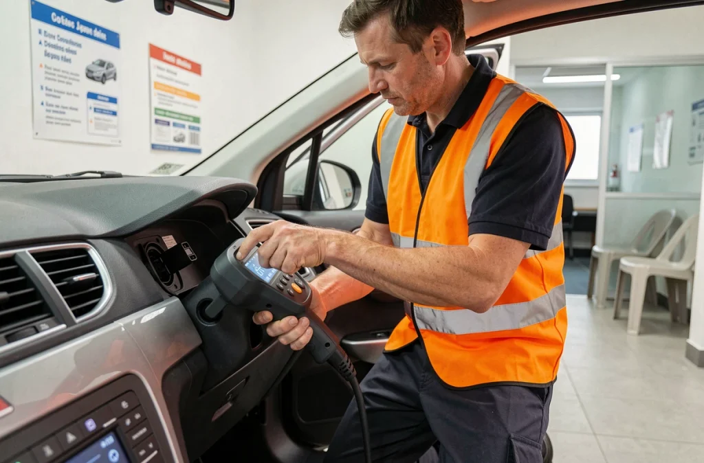 Technicien utilisant un appareil de diagnostic OBD dans une voiture lors d'un contrôle technique officiel en centre d'inspection