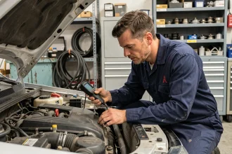 Technicien automobile inspectant le système de climatisation sous le capot d'une voiture dans un garage professionnel