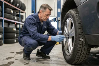 Technicien automobile examinant un pneu hiver dans un atelier de montage professionnel