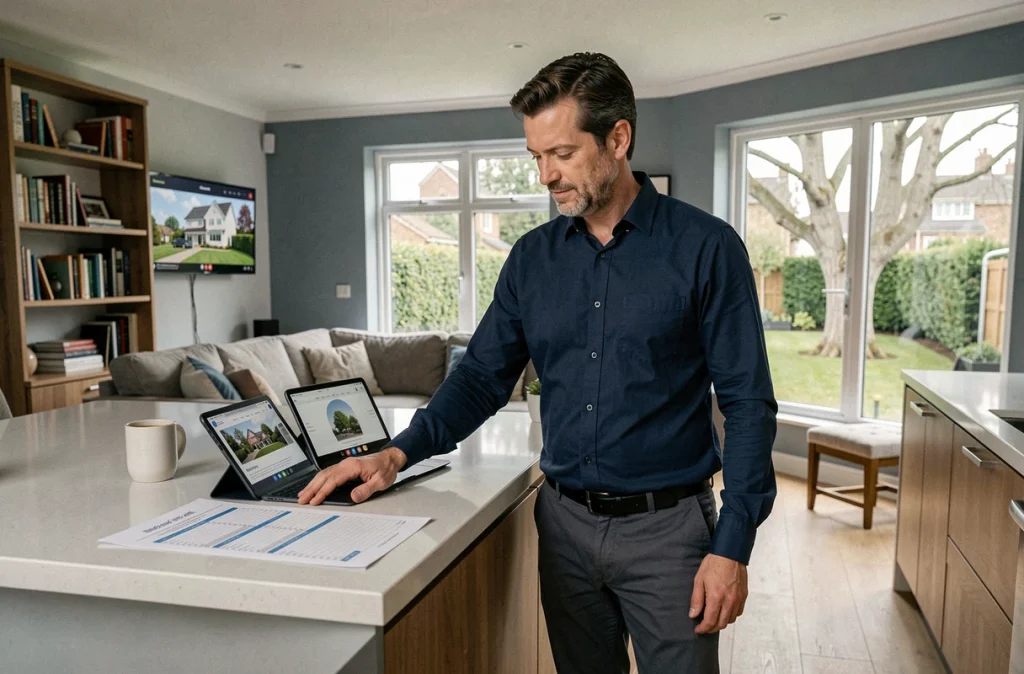 Homme en télétravail comparant des offres immobilières sur deux tablettes dans une cuisine moderne avec espace bureau intégré