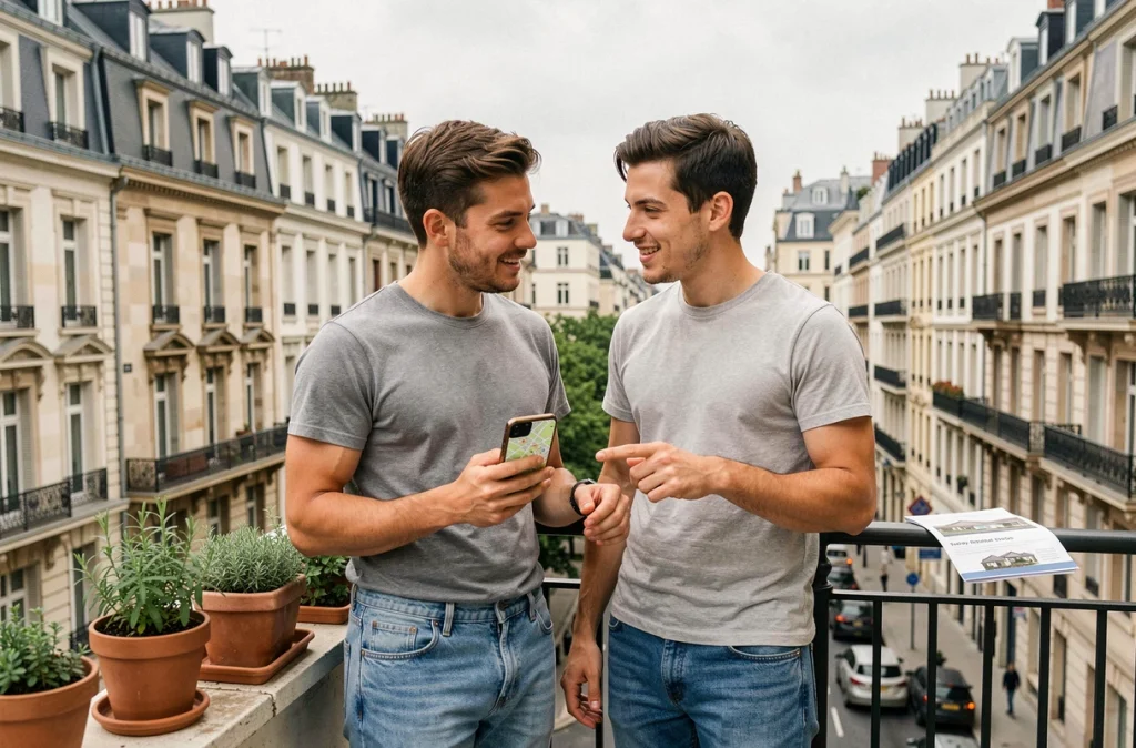 Couple visitant un appartement en ville sur un balcon, consultant une carte sur smartphone lors d'une recherche immobilière liée au télétravail