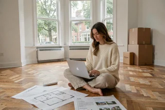 Femme en télétravail cherchant un logement sur son ordinateur portable dans un appartement vide avec des plans au sol