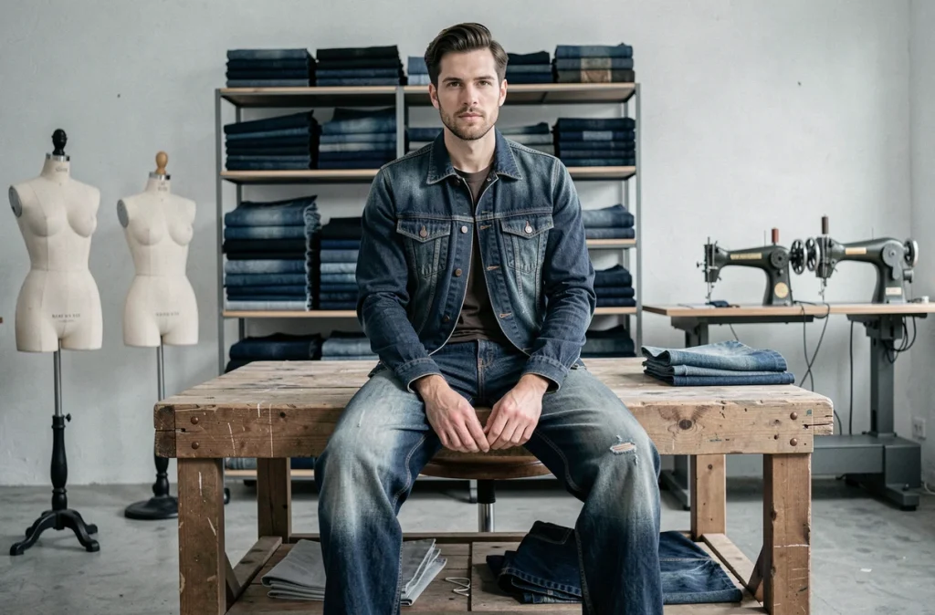 Homme en tenue double denim brut assis dans un atelier de couture, entouré de rouleaux de tissu selvedge, pour illustrer l'inspiration artisanale du denim non traité