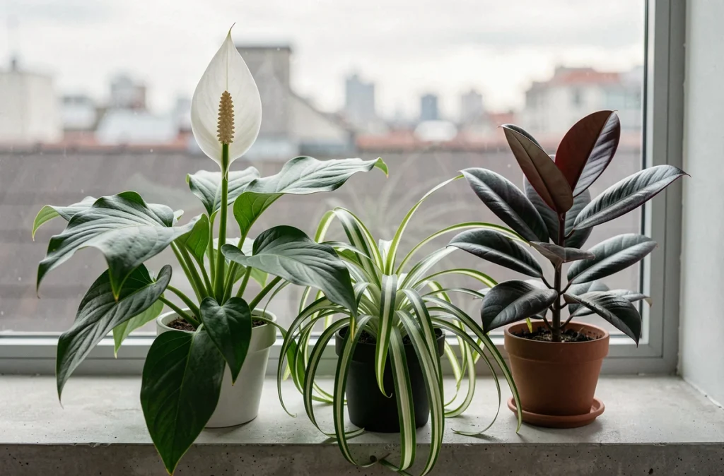 Trio de plantes purificatrices d'air — spathiphyllum, chlorophytum et ficus elastica — sur un rebord de fenêtre en béton dans un bureau à domicile