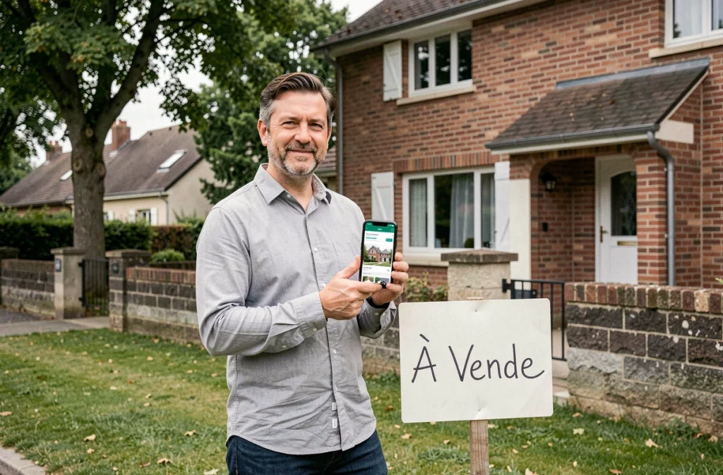 Particulier vendant sa maison seul avec panneau à vendre dans un quartier résidentiel