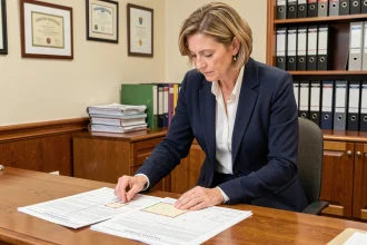 Femme consultant des documents cadastraux avant l'achat d'un terrain dans un bureau de notaire