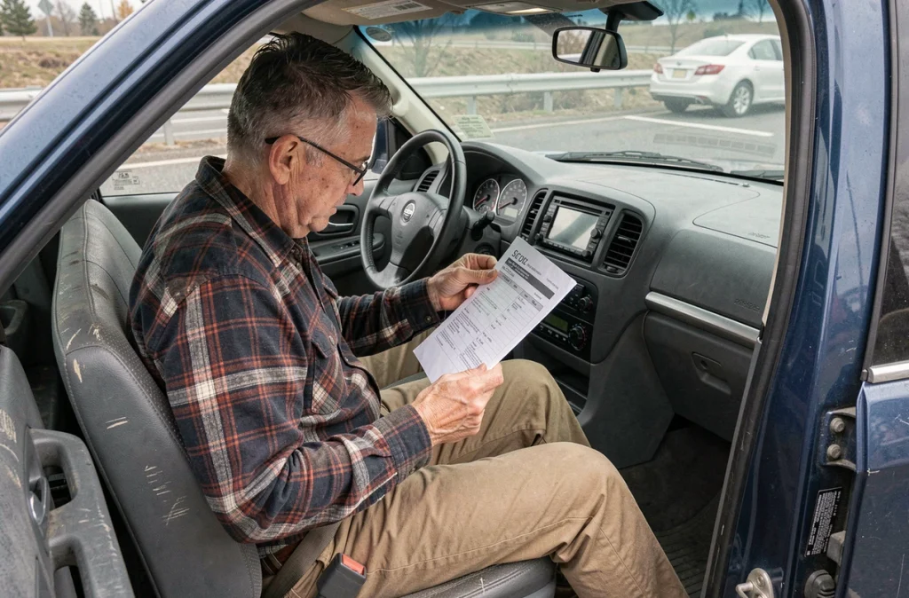 Homme vérifiant le rapport historique et le kilométrage d'un SUV d'occasion avant de finaliser l'achat