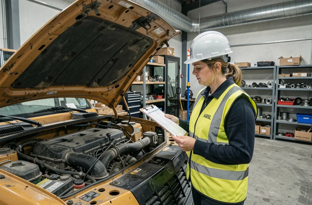 Ingénieure de maintenance vérifiant une liste de contrôle devant le compartiment moteur ouvert d'une pelle mécanique en atelier